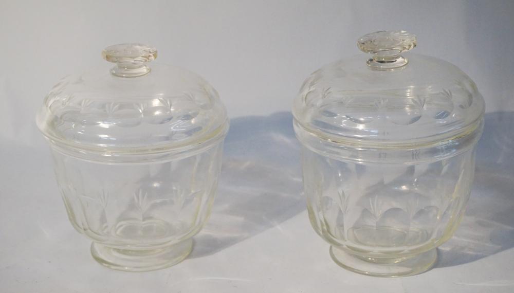 Pair Antique Blown & Etched Glass Lidded Jars (1 of 2)