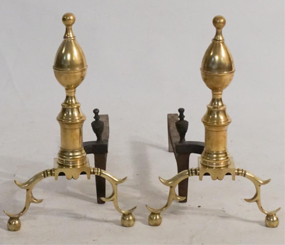 Pair Federal Style Brass & Irons by Harvin Co: Early 20th century, Baltimore, Maryland. Nicely fashioned and crafted irons in very good well kept condition. Each signed at the log support frame. H20" W12" D23"