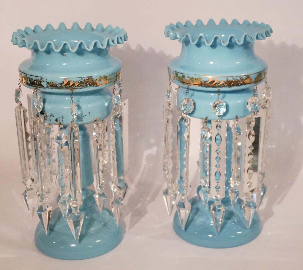 Pair Bohemian Antique Glass & Crystal Urns: Circa 1880. Each having a nice blue glass body with gilt trim and hung with crystal prisms. H14 1/4" W7 1/2"