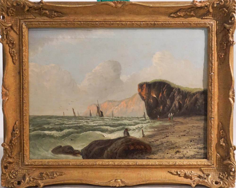 George Gray: (United Kingdom, Flourished 1854-1873) Oil on canvas of rocky European coastal beach with figures and ships in distance. Signed lower right. G. Gray. Framed in period frame. Framed: H20 1/2" W26"