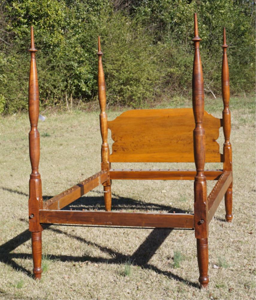 American Federal Tiger Maple Four Poster Bed: Circa 1810. Having handsomely turned posts with well figured tiger maple grain and well shaped headboard. The piece has not been cut down or lowered. W56" H80" L72" (at the interior rail)