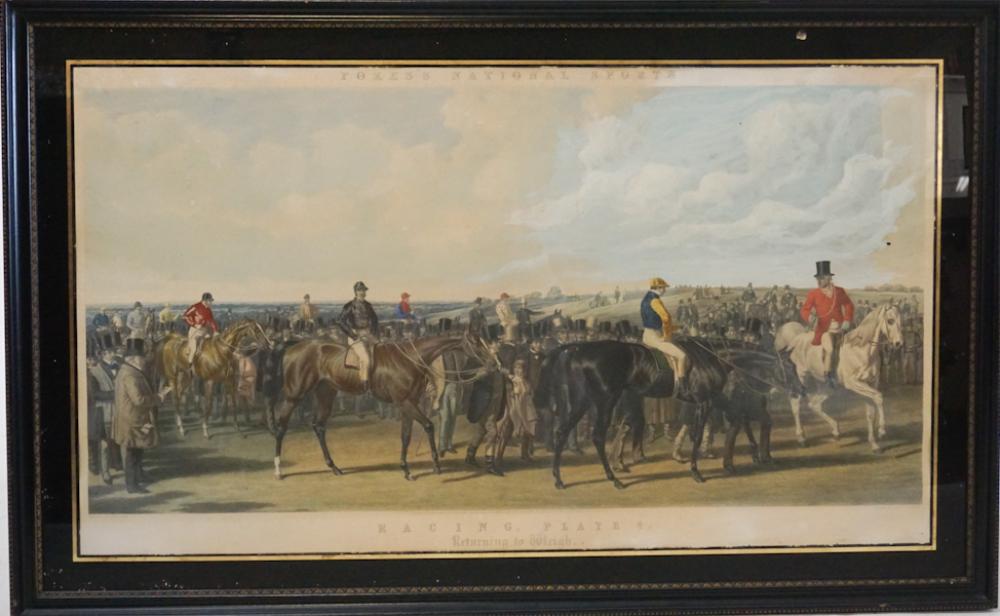19th C. British Hand Colored Sporting Engraving: by J.F. Herring and Engraved by J. Harris and W. Summers. The piece has been beautifully hand colored with both watercolor and gouache. Titled, "Returning To Weigh." Signed at upper segment Forest Nat