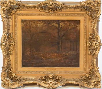 Henry Ward Ranger: (New York/Connecticut, 1858-1915) Oil on canvas autumn landscape having been very nicely executed and then signed lower right. The piece is housed in an excellent rococo carved and gilt frame of the p