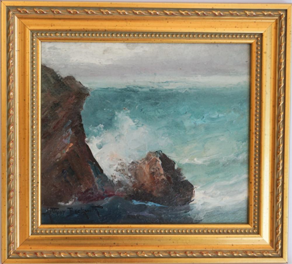 Arthur Beckwith: (New York/ California/France, 1860 - 1930) Oil on board rocky coastal scene. Signed lower right. Framed nicely. H10 1/2" W11 5/8" Sold from the collection of Bobby Carpenter and Dr. Garrett Saikley.