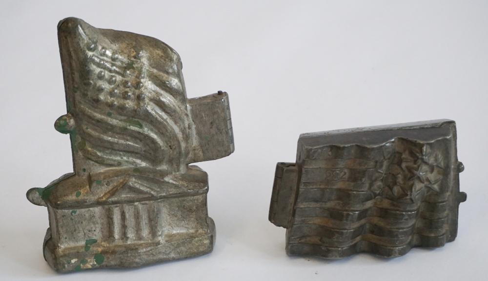 Two Antique Cast Pewter Ice Cream Molds: Last half 19th century. Each nicely cast in patriotic themes, one depicts the capital with an American flag and the other simply a waving American flag. Tallest: H5" Sold from the collection of a Hick