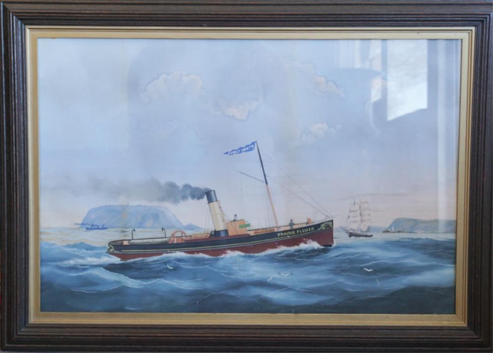 American School: Last quarter 19th century. Gouache portrait of steamboat Prairie Flower in North Eastern seas with lighthouse and ships in the distance. Framed nicely in arts and crafts period frame. H18" W27 1/2" (w
