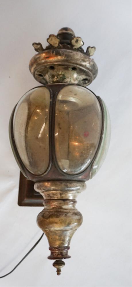 Handsome Antique Beveled Glass Wall Lantern: 19th century, English or Continental. Having a crown top above four oval beveled glass panels with a tapered and spun lower terminal. Electrified at some point. Nice old surface. H22" W8" D10 1/2" Sol
