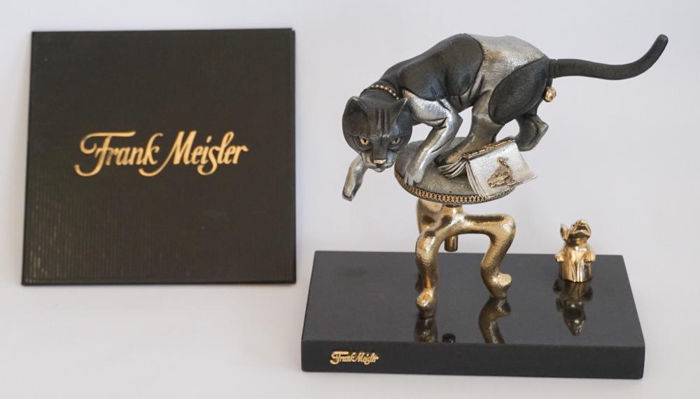 Frank Meisler: (Israel/England, 1929-2018) Sculpture titled, "Cat & Mouse." The piece is charmingly fashioned atop black marble base. It is accompanied by Mr. Meisler's signed COA in its folder as well. Good conditi