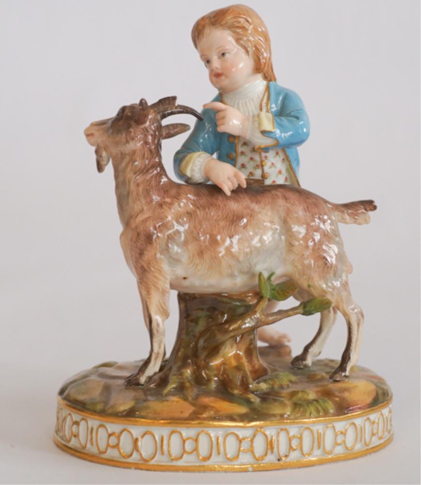 Fine Antique German Meissen Porcelain Boy & Goat: Early to mid 19th century. Example having been nicely sculpted and hand decorated. Marked at base with cross swords in blue. One angler has the tip missing, otherwise good condition. H5 3/4" Sold from