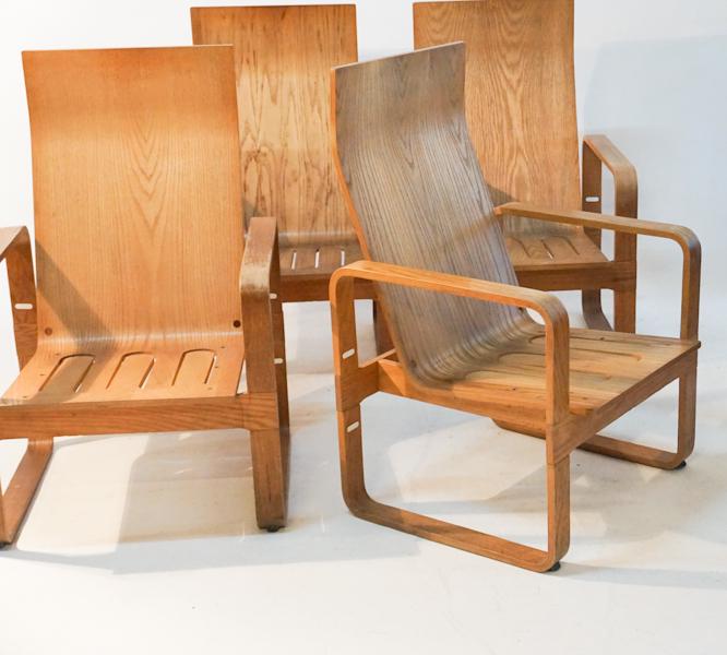 Set Mid Century Thonet Bentwood Easy Chairs: Mid 20th century. Set of excellently formed easy chairs possibly designed by Bruno Weil. The set all have their labels and are in good sturdy condition. Some staining consistent with age and use. H42"