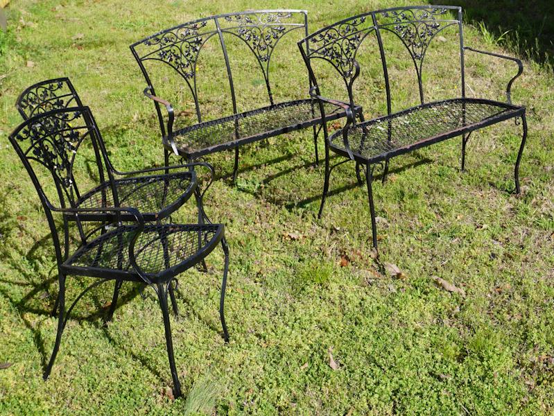 Set Deco Saltanini Metal Settees & Chairs: Early to mid 20th century. The group includes a matching pair of settees along with a matching pair of side chairs. Sold from the collection of Mary Wooten DuPont, Camden, South Carolina.