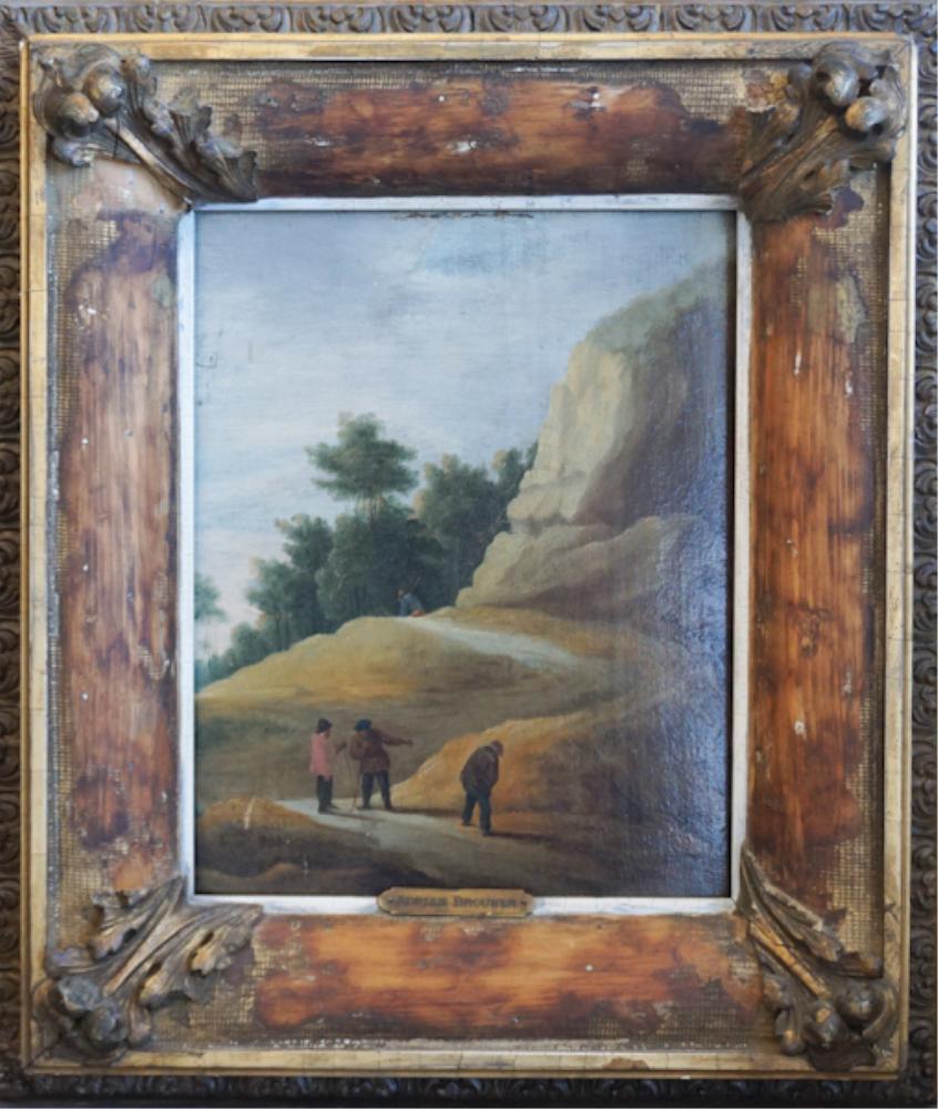 Manner of Adriaen Brouwer: Likely 19th century, Britain. Oil on board with the artist name in plaque at the center of the frame. The piece depicts early golfers. Frame looks to be early 19th century. Framed: H19" W15 1/2" Sold