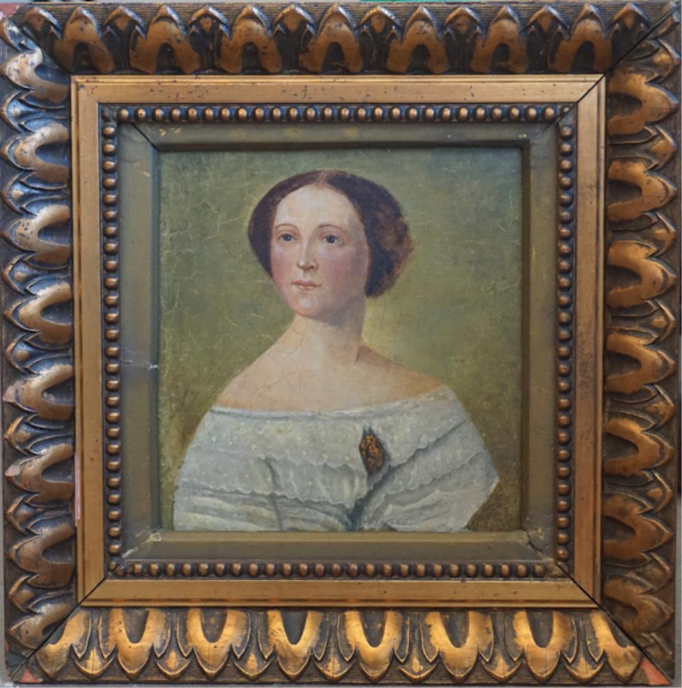 Continental School: 19th century. Oil on board titled on verso Regina Von Schilck. The piece is well rendered and framed in a 19th century carved and gilt frame. Framed: H13 1/4" W12 1/2" Sold from the collection of Bobb