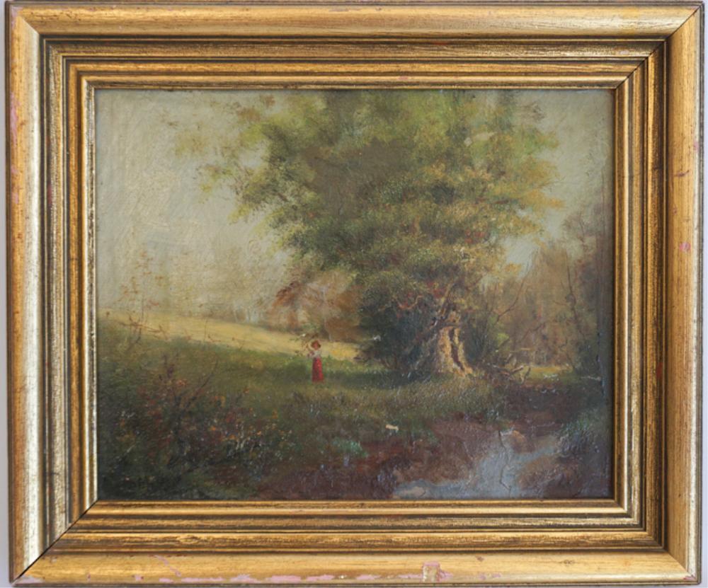 American School: Mid to late 19th century. Oil on canvas of young lady along a woodland creek in the impressionist style. Very nicely rendered and framed in gilt frame. The piece is initialed B.P.M. lower right by the