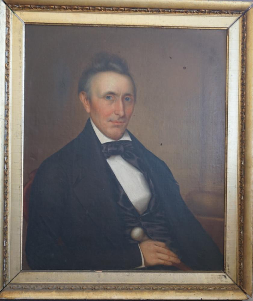 American or British School: Early 19th century. Portrait of a stately gentleman with cane in hand seated. Well rendered example housed in period gilt frame. The piece is backed with a board and laid down. H36" W31" Sold from the