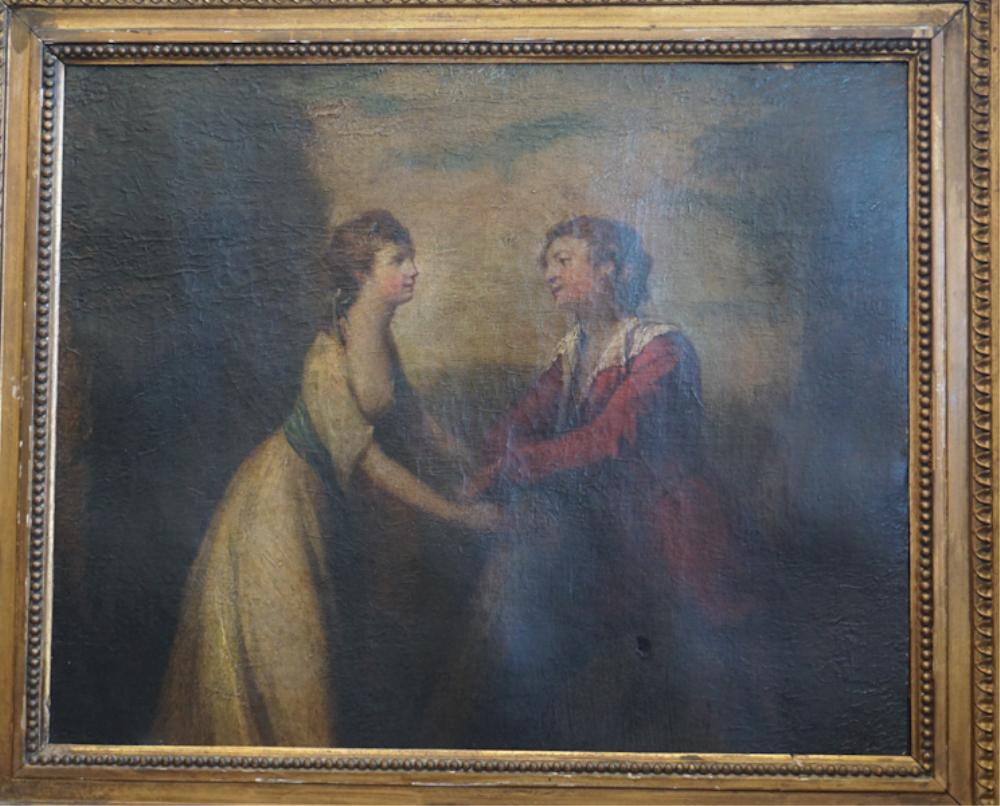 British School: 19th century. Oil on canvas portrait of young romantic loves in woodlands setting housed in period gilt frame. No apparent signature. Framed: H21" W24" Sold from the collection of a South Carolina lad
