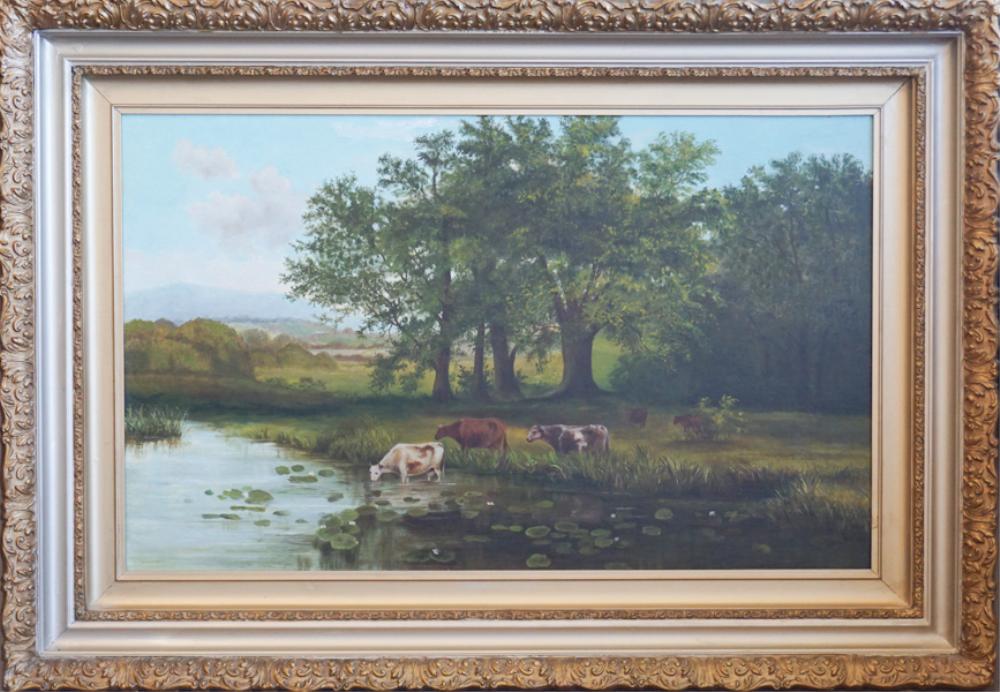American School: Mid to late 19th century. Pastoral scene oil on canvas with cattle along lakeside and long mountain view in the distance. No signature detected. Housed in period gilt frame. H22" W32" Sold from the co