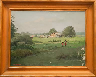 Peter Hayward: (New York/Hawaii, 1905 - 1993) Oil on canvas excellent view of country home with African American figures. Very nicely rendered and colorful example. The work depicting chickens and home with clothes