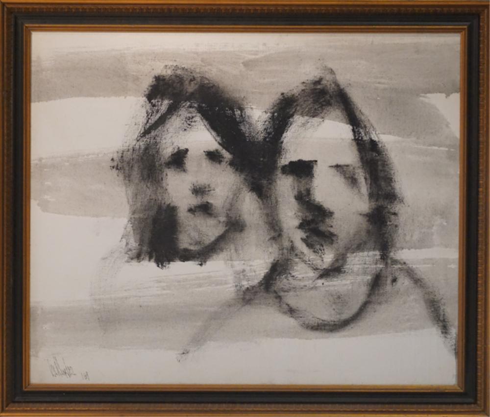 Gino F. Hollander: (California/Colorado / Spain, 1924 - 2015) Oil on canvas abstract rendering of figures. Signed lower left and dated 69. Nice well kept condition with no restoration. H23" W 27 3/4" (without frame) Sol