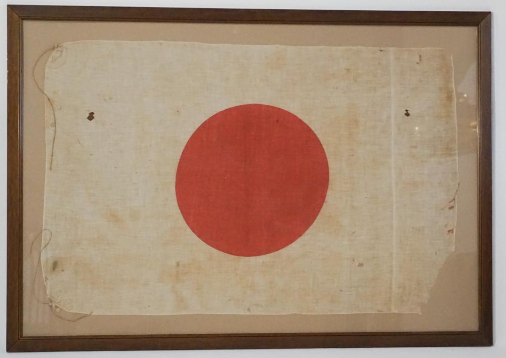 Antique Japanese WWII Cloth Bottle Flag: Hinomaru cloth battle flag measuring 40" x 27" and having nice colors with some scattered staining with age. Some wear to the edges consistent with age. The piece has been framed excellently for displ