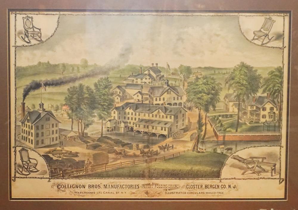 American Hand Colored Furniture Ad Engraving: 19th century. Hand colored engraving for New Jersey furniture makers Collignon Brothers Manufactories. The piece vividly depicts the cabinet shop of this maker in great detail. Well colored and tinted