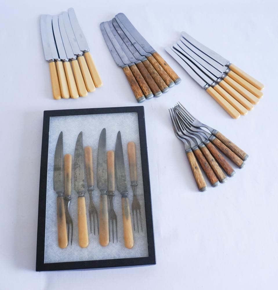 Two Set Green River Works Dinner Forks & Knives: Late 19th and 20th century, Massachusetts. The set includes two cased set of knives and a set of earlier antler handle knives and forks. Sold from the collection of a Simpsonville, SC gentleman.