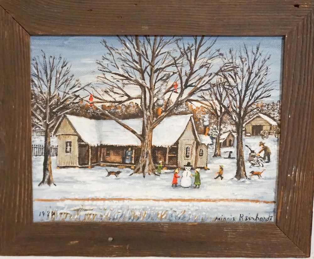 Minnie Reinhardt: (Vale, North Carolina, 1898-1986) Oil on artist board of winter in a country setting with children at play, mother on the porch and father cutting firewood. Signed lower right and dated lower left 198