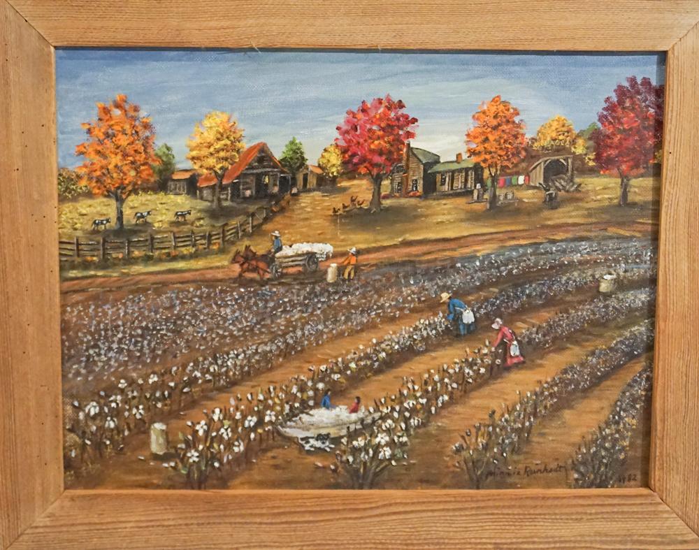 Minnie Reinhardt: (Vale, North Carolina, 1898 - 1986) Oil on artist board titled, "Pickin Cotton." Featuring farm family in hill country harvesting cotton with homestead in distance. Very nicely rendered and signed wit
