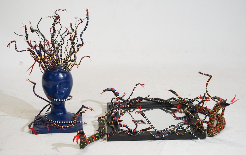 Folk Art Painted & Carved Snake Mirror & Head (1 of 4)