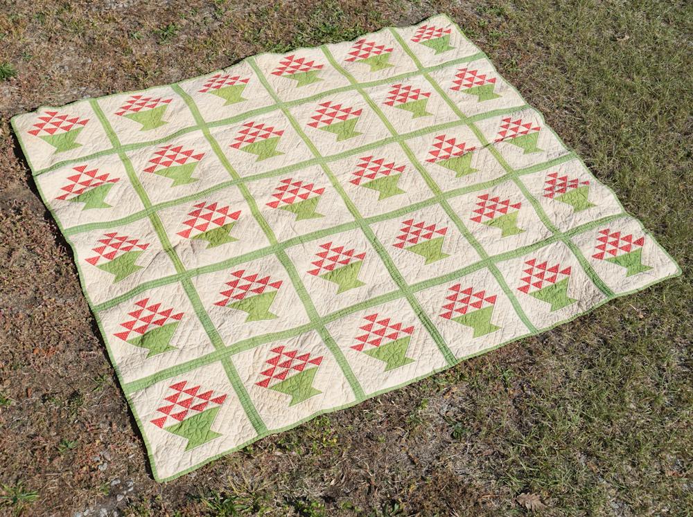 Antique American Hand Stitched Flower Basket Quilt (1 of 3)