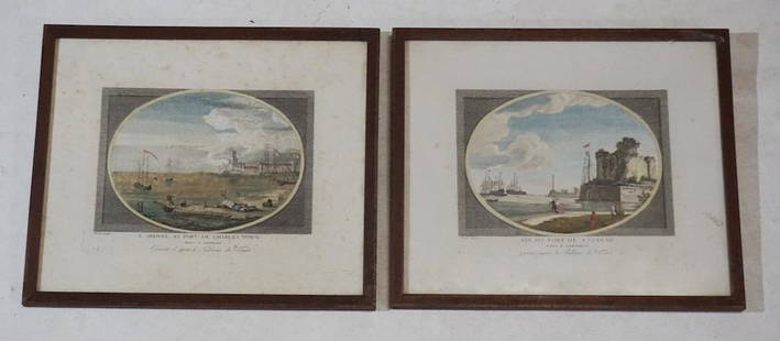 18th Century Engravings of Charleston & Savannah: By Claude Joseph Vernet engraved in London 1780. Two very nicely rendered and hand colored examples. Each with well defined plate lines and nice bold colors throughout. Framed: H11 1/8" W13 1/4"