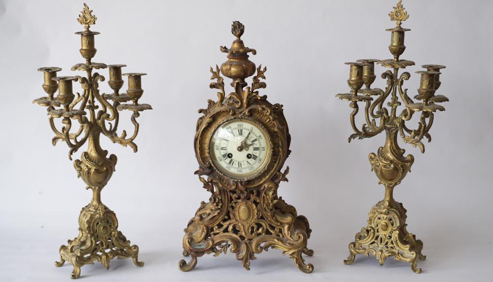 Antique French Brass Rococo Style Clock & Garnitur (1 of 3)