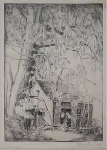 Alfred Hutty: (New York/South Carolina/Michigan, 1877 - 1954) Original drypoint etching of a lowcountry cabin shop with figures working within and large moss laid trees. The work is a very rare example by Mr.