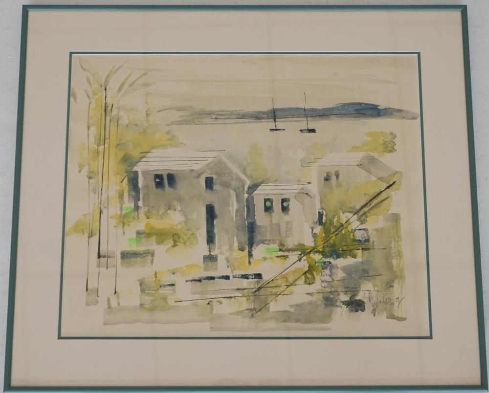 Alfred Birdsey: (Bermuda, 1912-1996) Watercolor on paper view of homes near lagoon with sail boats in distance. Signed lower right. Good, well kept condition. Sight size: H16 3/4" W20 3/4" (without frame) Sold from t