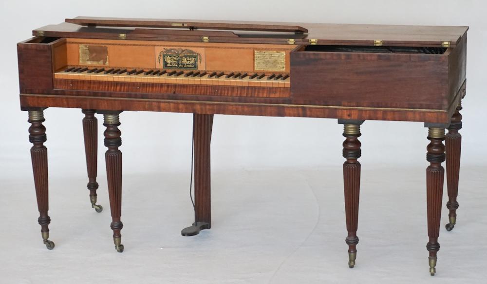 Federal Mahogany Fortepiano by Gibson and Davis: Circa 1805, New York / London. The excellent piece has been meticulously cared for. The soundboard is original to the piano and in good condition. The piece was restrung by George Case. The case and l