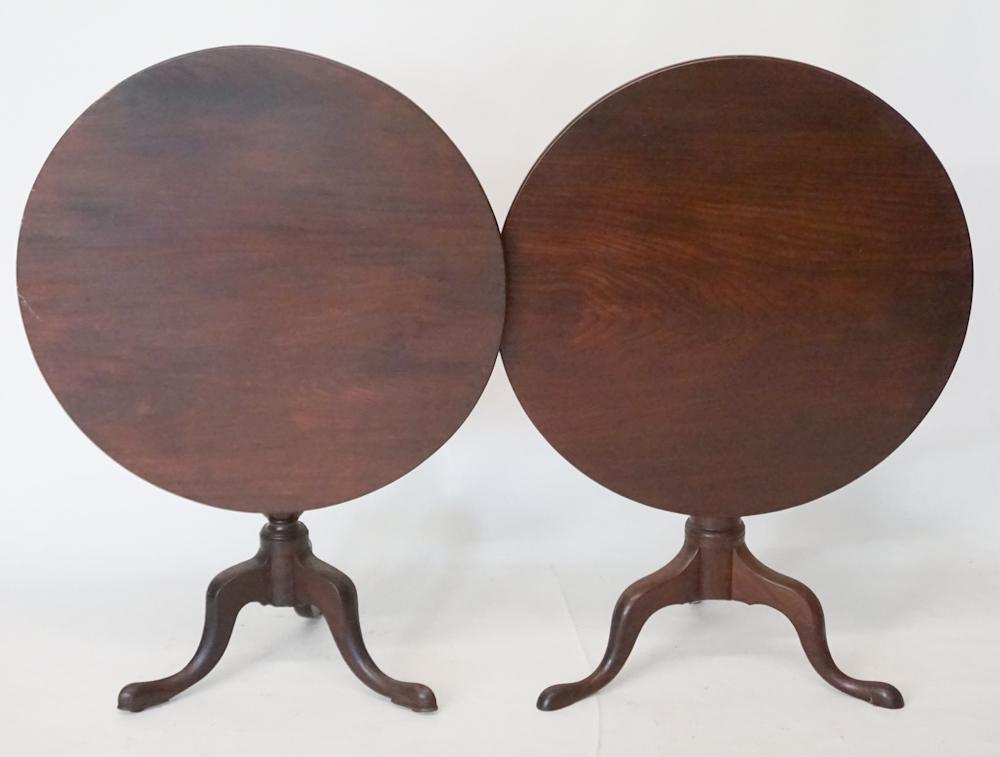 Two English Queen Anne Mahogany Tea Tables: 18th century. The lot includes two tables each with quality mahogany tops above base emitting three legs ending in a pad foot. H29" W34" Sold from the collection of Dr. Carl Freeman to benefit the Hor