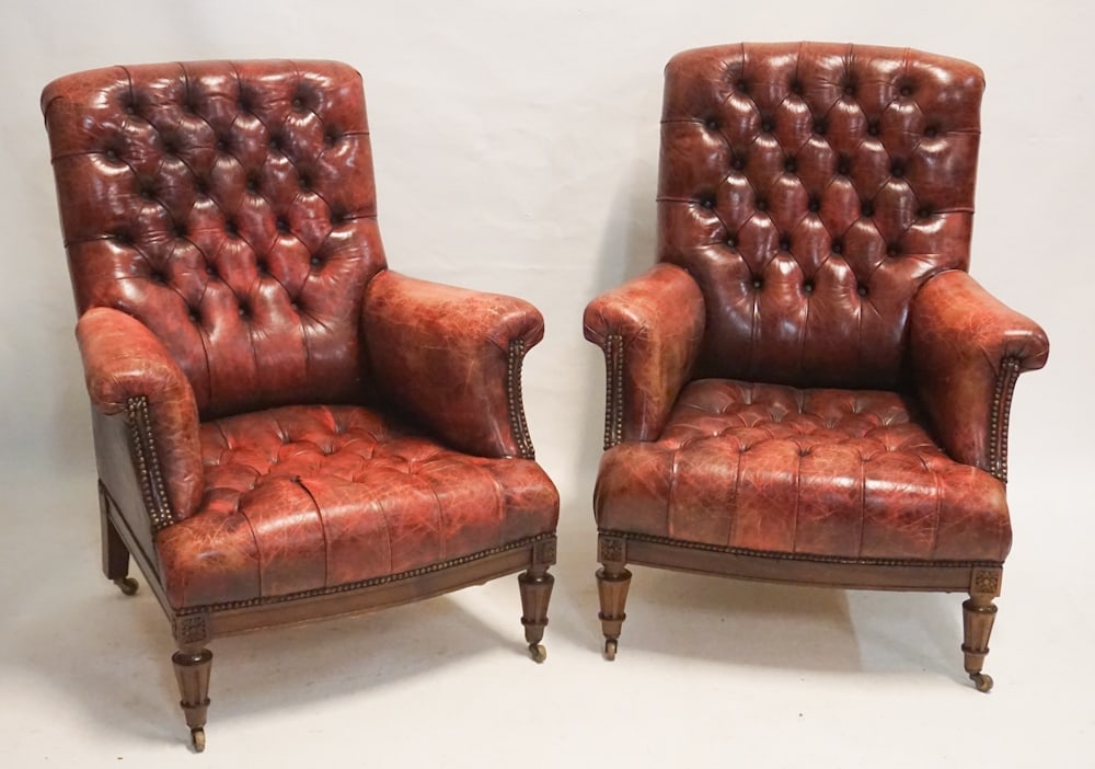 Pair English Edwardian Carved Mahogany Easy Chairs (1 of 6)