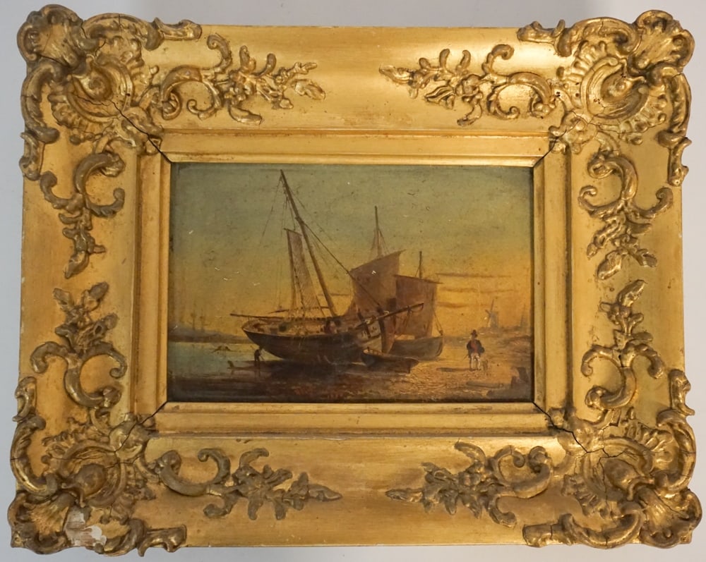 British School: Dated 1850 and signed REW. The oil on board features a shipping port with figures on sea shore and boats in distance as well. Framed very nicely in period gilt frame. Framed: H9 1/2" W12" Sold from th