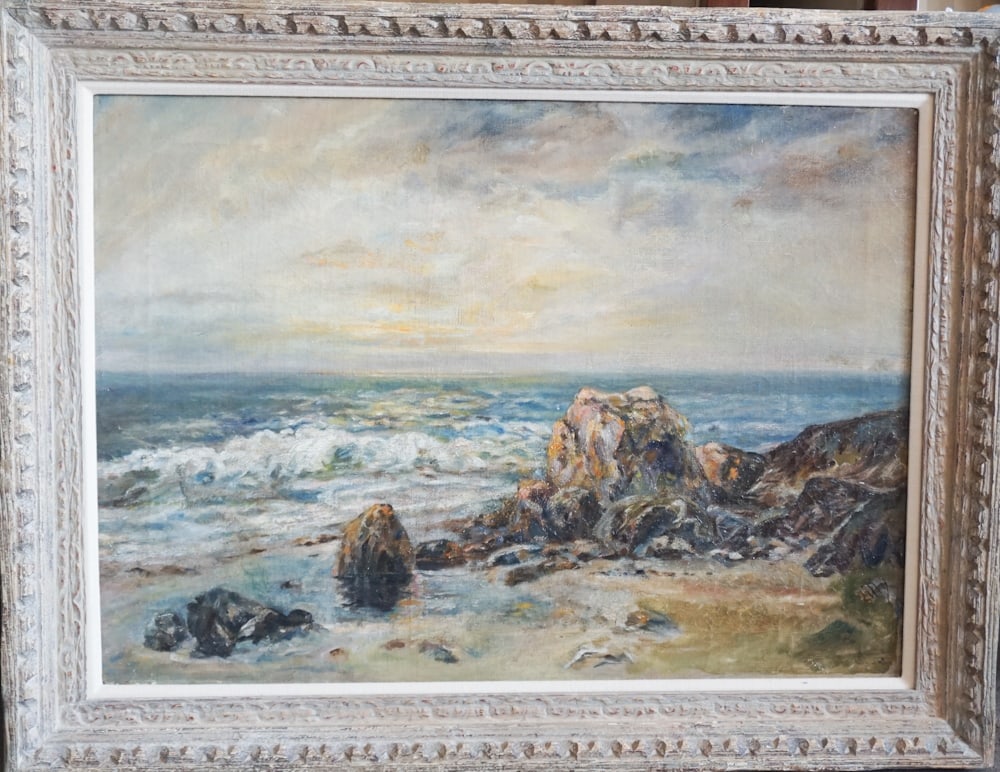 Joseph Lilly: aka Margaret Lowengrund (New York, 1902 - 1957) Oil on canvas rocky coastal scene at sunset signed lower right Lilly. Framed nicely and in good well kept condition. Framed: H23" W30" Sold from the col