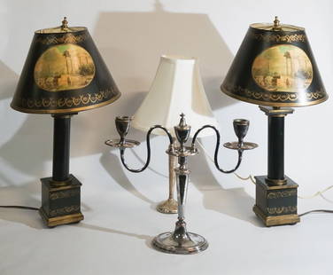 Collection Vintage & Antique Lighting Pieces: 19th and 20th century. Group including a charming pair of towle style lamps along with a weighted sterling silver table lamp and a single English Regency two-light candelabra having a fine hand chased