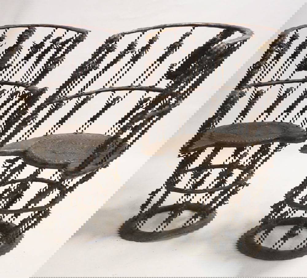 Pair African Cameroon Bronze Throne Chairs Auction