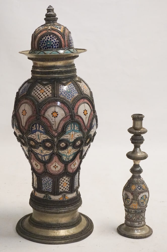 Two Persian Glazed Pottery & Mixed Metal Urns (1 of 4)