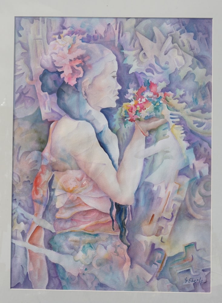 Anne Rinehart Eberle: (Louisiana, b. 1932) Watercolor on paper of a young woman in a vivid tropical setting titled, Balinese Welcome. Signed lower right. Very nice condition throughout. H29" W21" Sold from the collection o