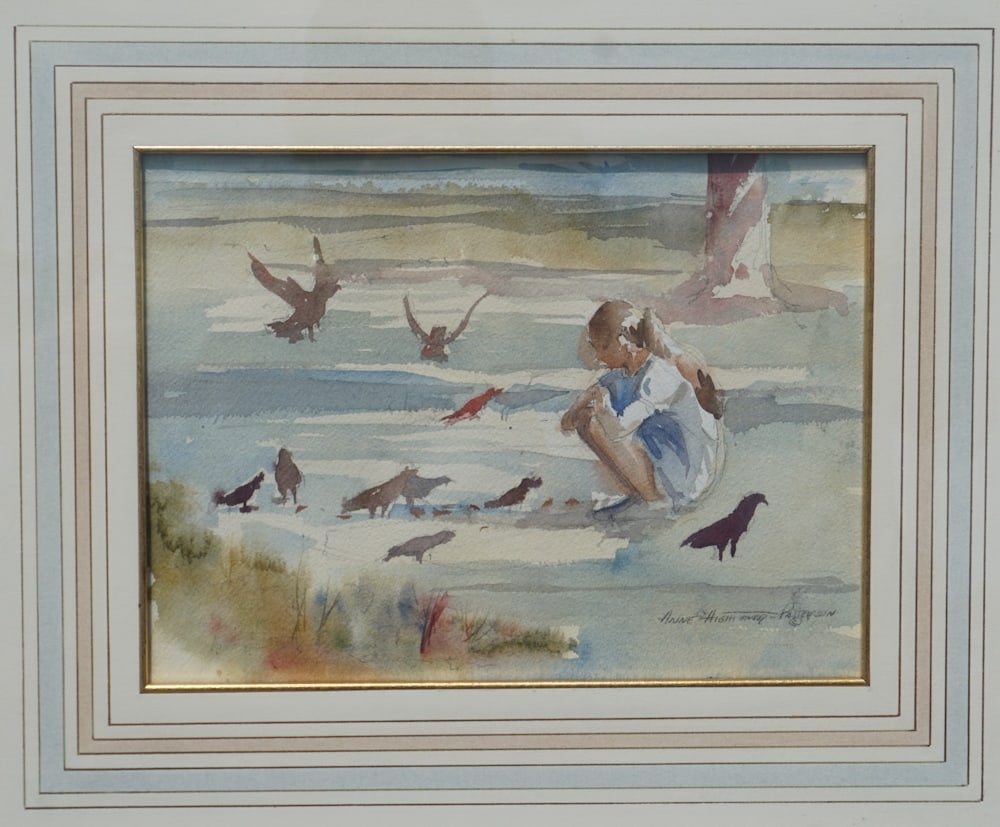 Anne Hightower-Patterson: (South Carolina, 20th century) Watercolor on paper impressionist work. Young lady feeding birds in park. Signed lower right. Framed and matted very nicely. H12" W9" Sold from the collection of a Colum