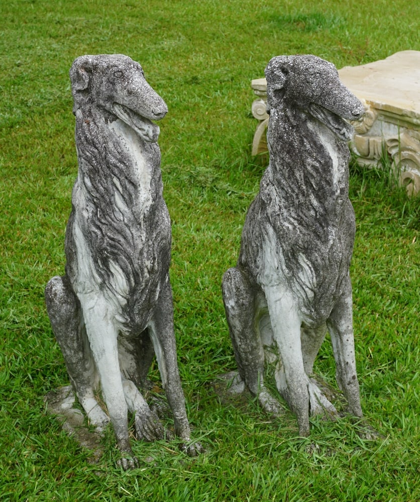 Pair Antique Cast Stone Hound Garden Figures (1 of 3)