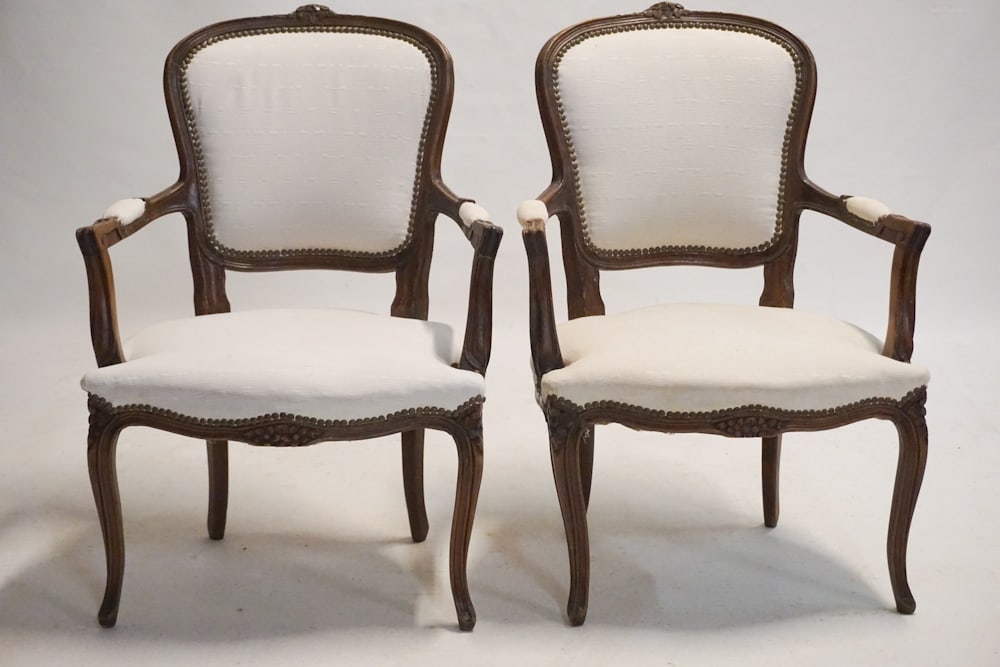 Pair French Walnut Carved Open Arm Chairs (1 of 2)