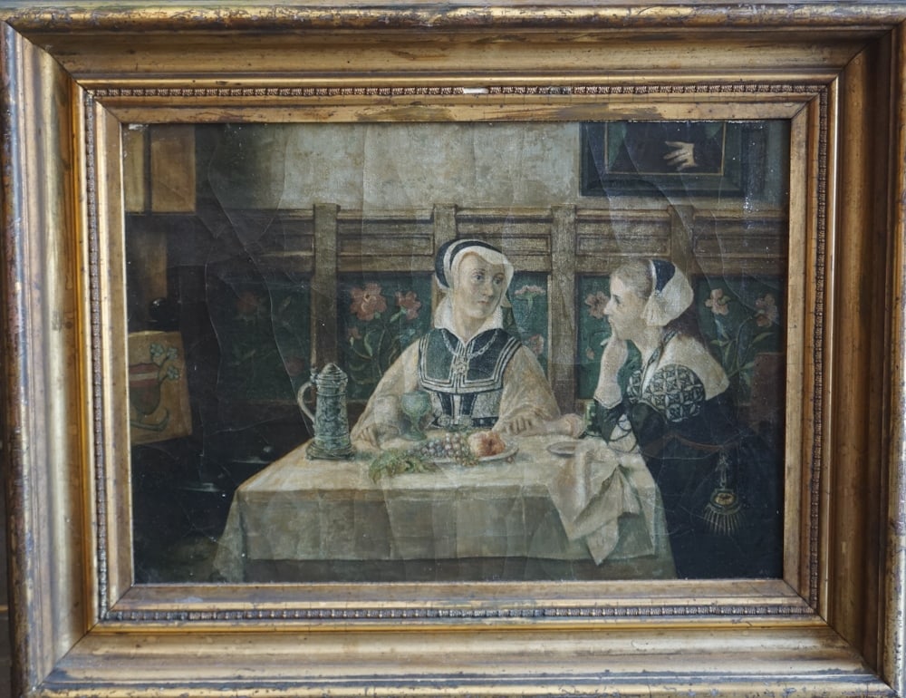 Dutch School: Mid 19th century. Oil on canvas scene of woman having breakfast at a well appointed interior. No apparent signature framed in a period silver gilt frame. Framed: H17" W21" Sold from the collection of