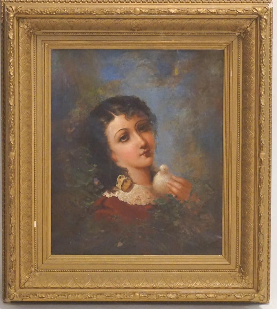 American School Portrait of Young Lady: Dated lower right 1873 the piece depicts a young woman with dove in hand and butterfly on her shoulder. Possibly a mourning piece. The frame is quite ornate and has a monogram at the upper center ARH.