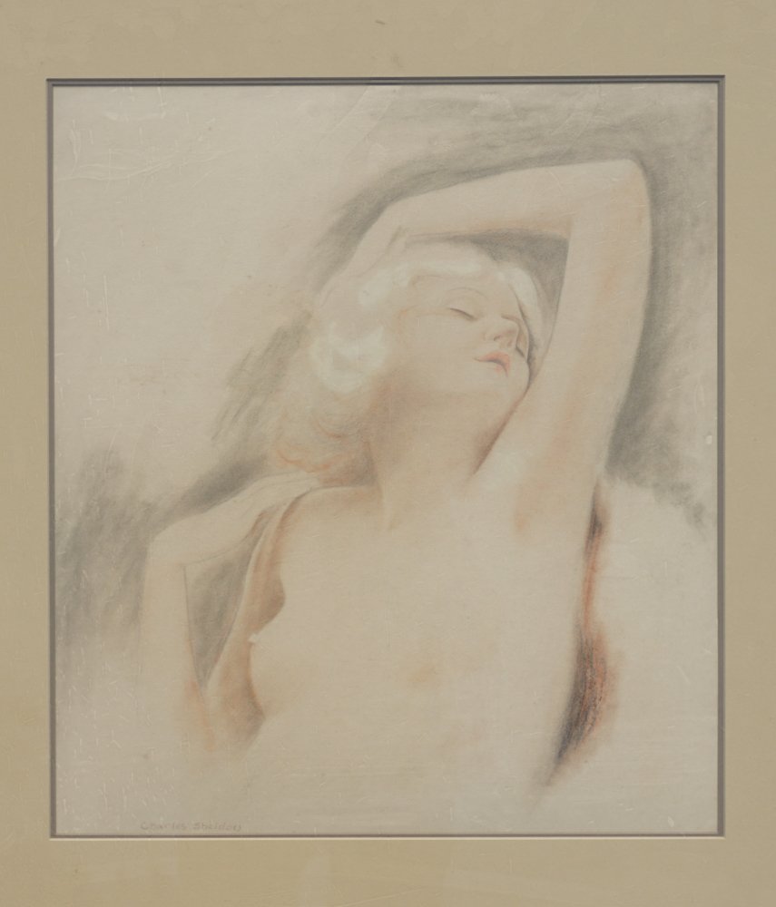 Charles Gates Sheldon: Nude rendering of actress Gene Harlow (Washington, 1889 - 1960) Original watercolor and graphite on paper art deco nude signed lower left. Framed nicely. H20" W17 3/4" (without mat and frame) Sold fro