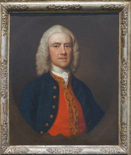 British School: Manner of Allan Ramsay (1713 - 1784) United Kingdom, Scotland, EnglandCirca 1770. Well rendered portrait of a nobleman in high dress. The work is housed in a silver gilt frame of the period. The piece